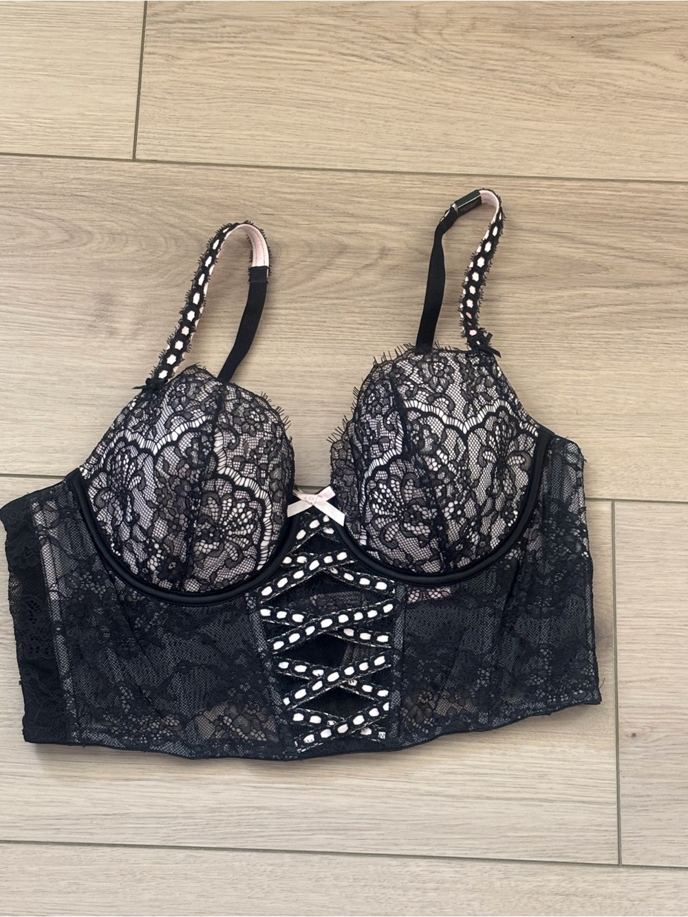 Victoria's Secret Black Lace Longline Bra with Pink Accents